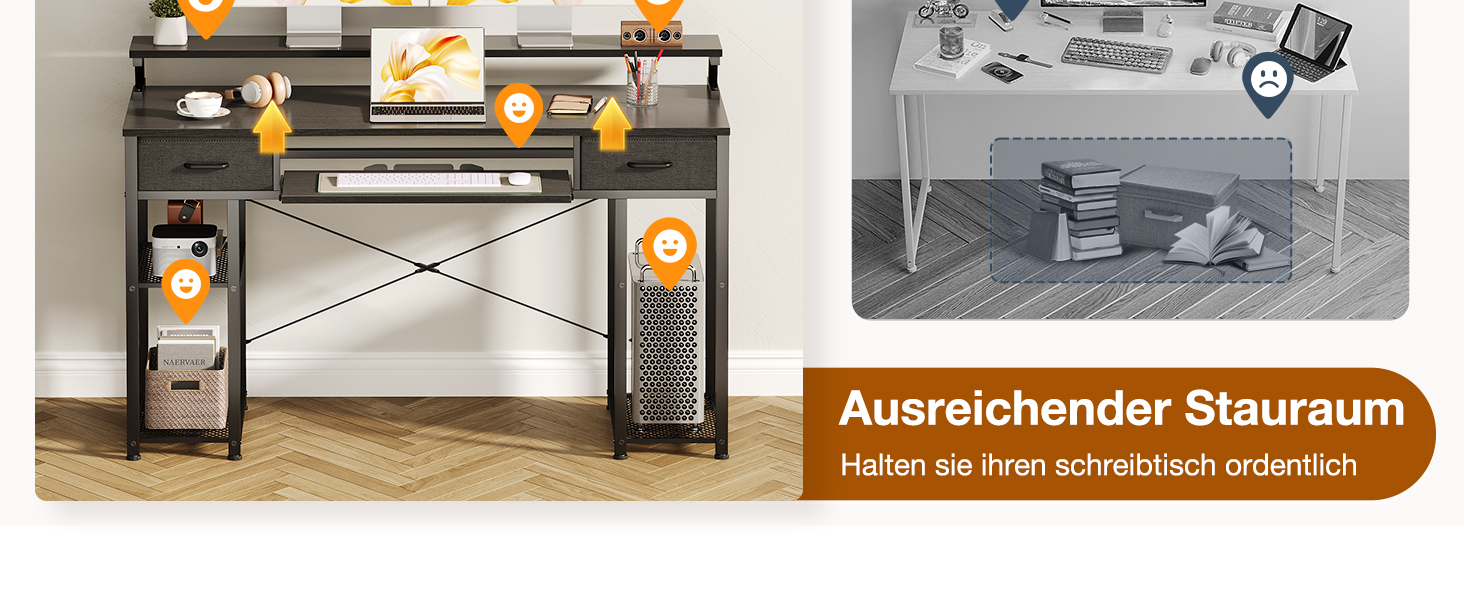 Комп'ютерний стіл ODK з ящиками 120x48 см, з полицею, для дому та офісу, чорний
