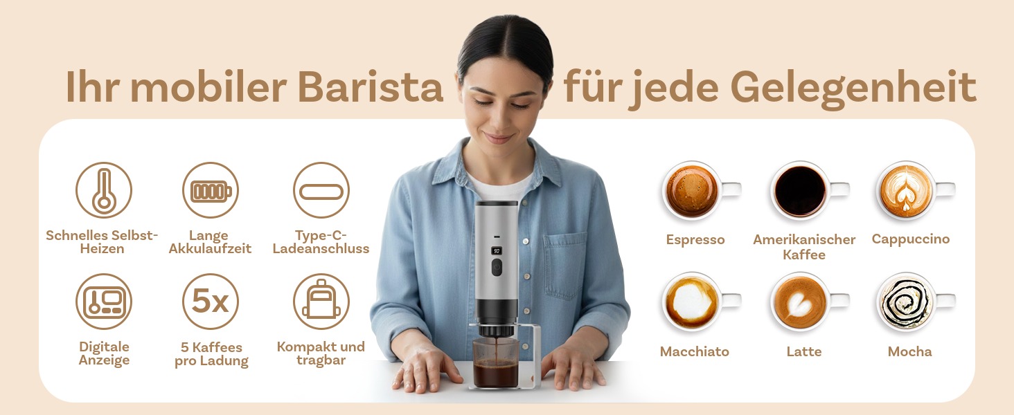 Портативна кавомашина MMOBIEL: електрична еспресо-машина з підігрівом, USB-C, для кави та капсул. Ідеально для подорожей, кемпінгу, дому, офісу. Білий колір + підставка