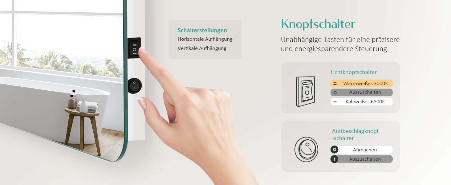 Дзеркало для ванної кімнати EMKE з підсвічуванням 40x60 см, антизапар, 2 кольори світла (тепле/холодне), вимикач-рейка, IP44, енергозберігаюче, захищене від вибуху