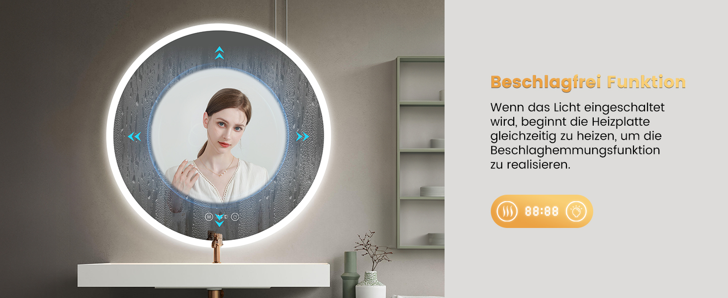 Дзеркало для ванної кімнати YOLEO з підсвічуванням 70см, LED дзеркало з Bluetooth, сенсорне управління, захисне скло, 3 кольори світла, регулювання яскравості, 70x70 см