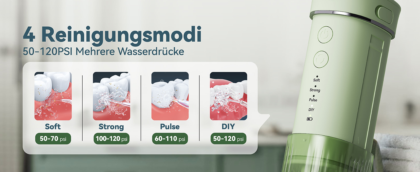 Портативний електричний іригатор для зубів JTF Munddusche Mini (зелений): 4 режими, 5 насадок, 230 мл, водонепроникний IPX7