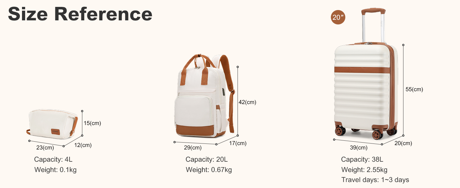 Набір валіз KONO: 3-в-1 (рюкзак, валіза на колесах, косметичка) з ABS+PC, TSA-замок, 4 колеса (кремовий/коричневий)