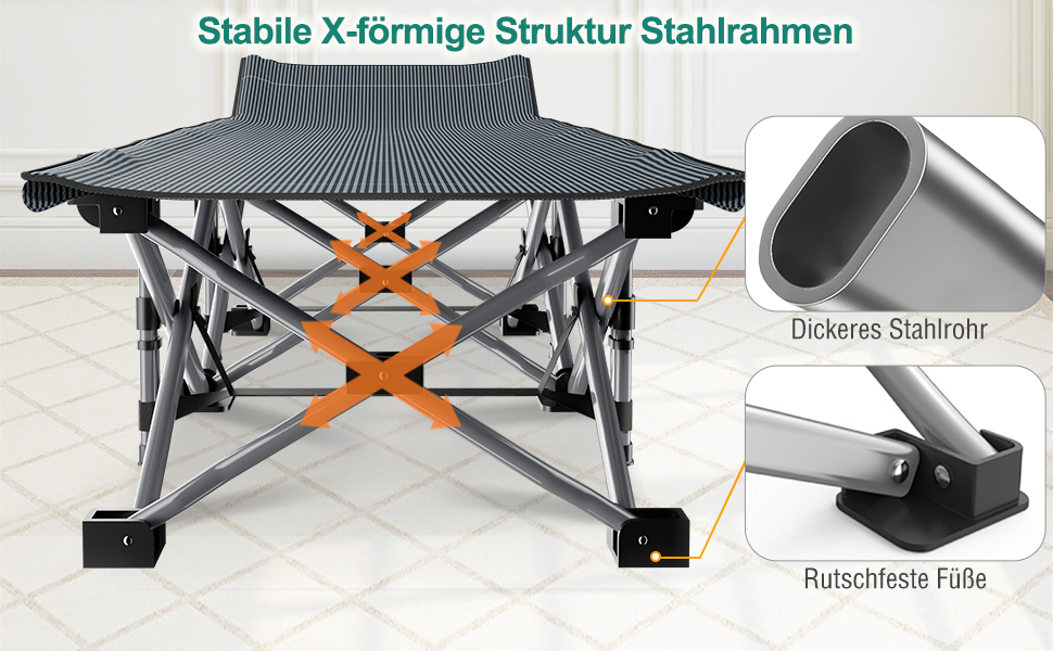 Розкладне кемпінгове ліжко з матрацом та кишенями, сталевий каркас, навантаження до 200 кг, 190x71x36 см, сіре — для кемпінгу, саду та офісу