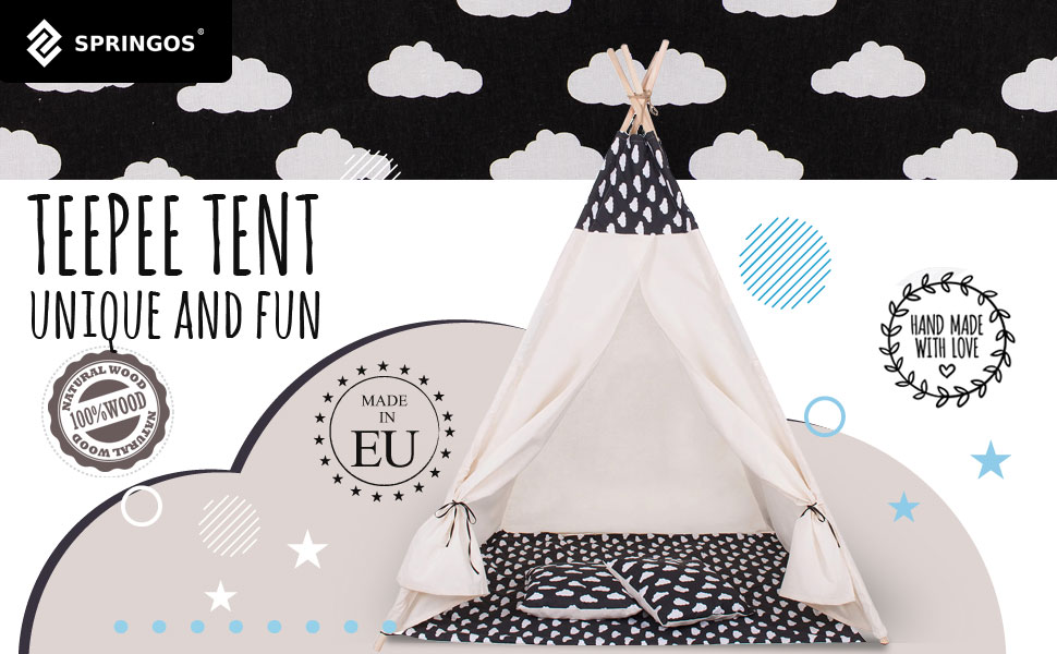 Дитячий намет-типі SPRINGOS, чорний з хмаринками, 160x120x100 см, з килимком та подушкою