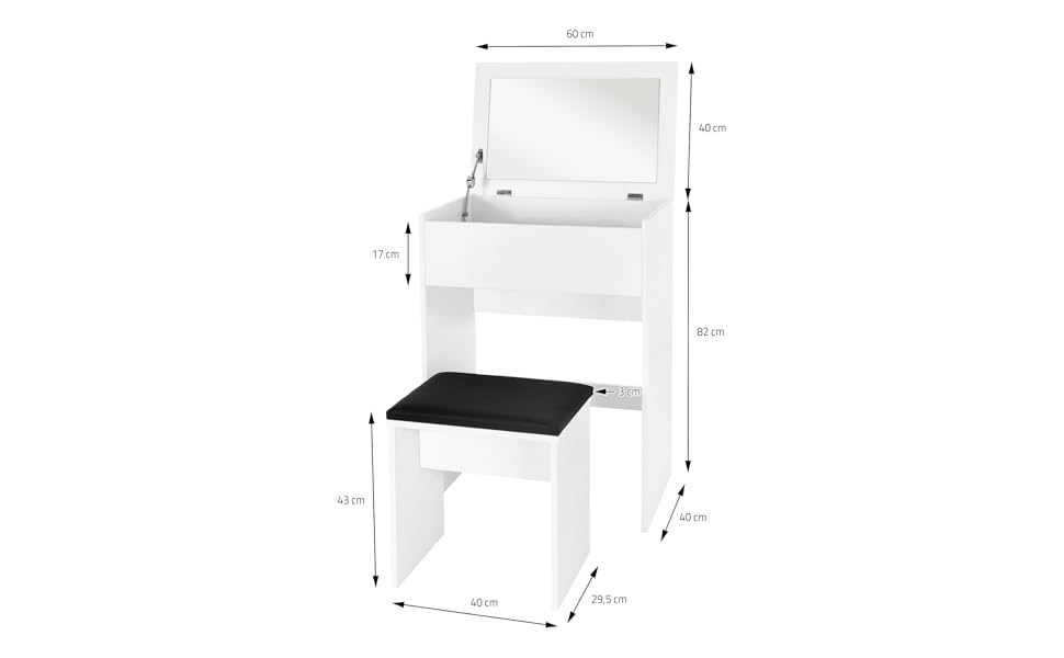 Туалетний столик з табуретом ML-Design, туалетний столик з дзеркалом, 60x40x122 см, білий, Сучасний, Розкладне дзеркало