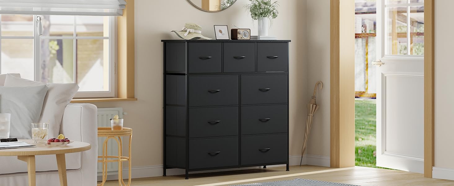 Комод Somdot з висувними ящиками, тканинний комод, комод для спальні, вітальні, передпокою, шафа для зберігання, 5 тканинних ящиків, білий колір (чорний, 30T x 100B x 96.5H см (9 ящиків))