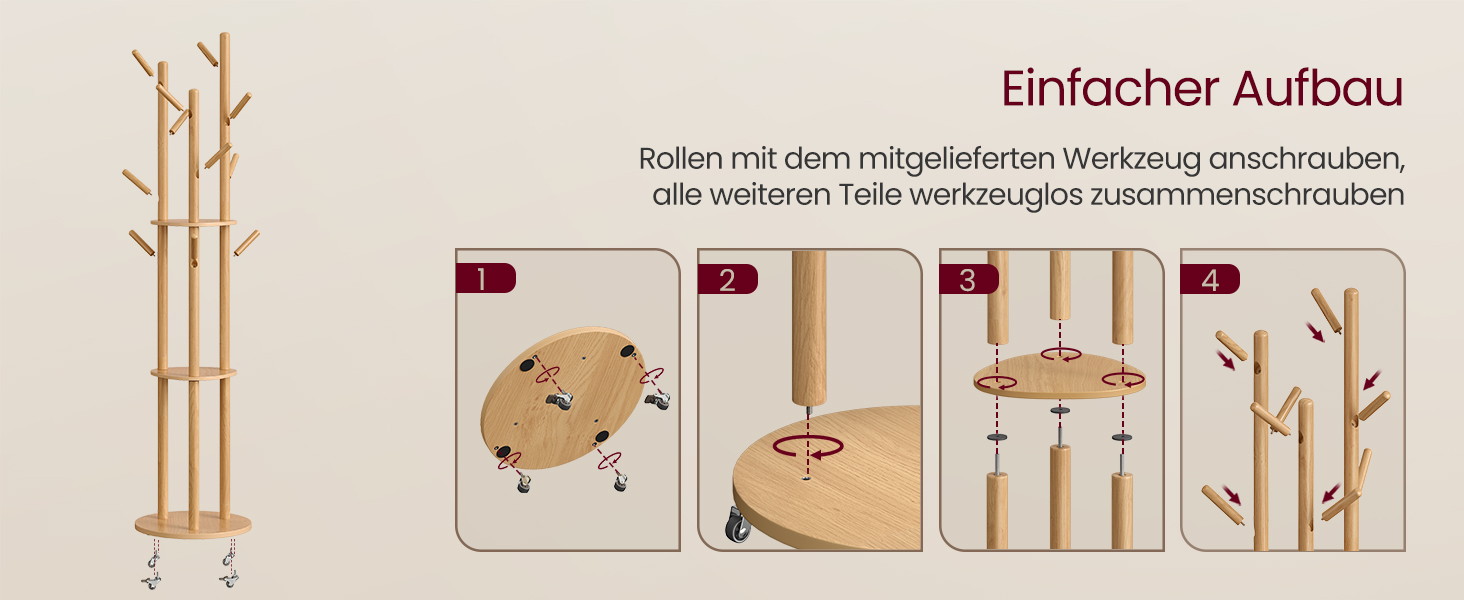 Вішалка для одягу VASAGLE з 11 гачками та 3 полицями, на коліщатках, з масиву дерева, для передпокою, спальні, вітальні, RCR023B01 (натуральний колір)