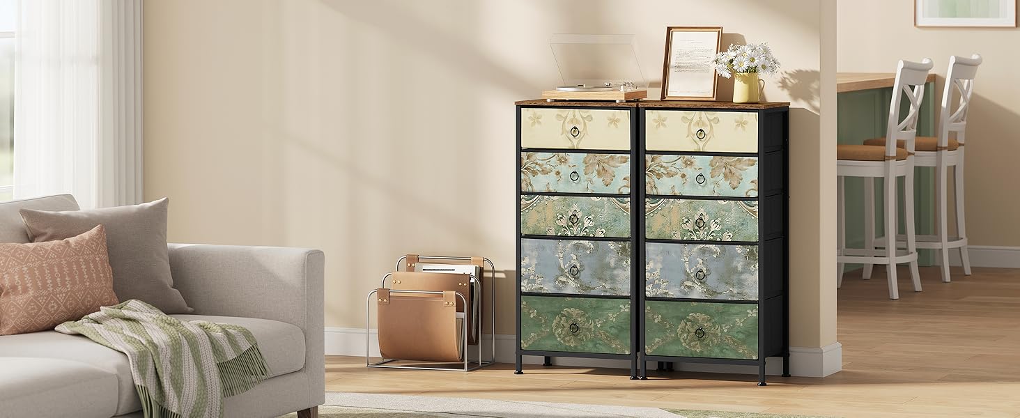 Комод WOLTU з 5 висувними ящиками з тканини, шафа-комод, тумбочка, для спальні, вітальні, коридору, з металевим каркасом та ДСП, SSK004whe (Рустичний коричневий + чорний + вінтажний квітковий мотив, 1)