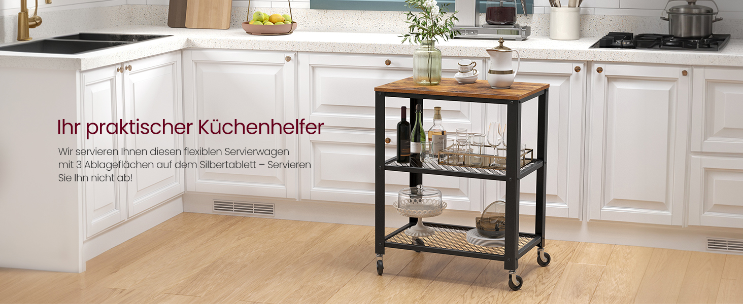 Сервісний столик VASAGLE з 3 ярусами, вінтажний, рустикальний, з роликами, для кухні та вітальні, міцний, з дерев'яною платформою, LRC78X