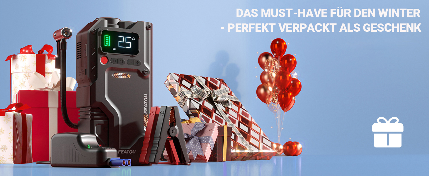 Powerbank з компресором Starthilfe 6500A: автостартер 12V для легкових автомобілів з повітряним насосом, бустер-акумулятор (для 9.0L бензину/8.5L дизеля) з пусковими кабелями, LED ліхтар 500 люмен (чорний), піковий струм 6500A