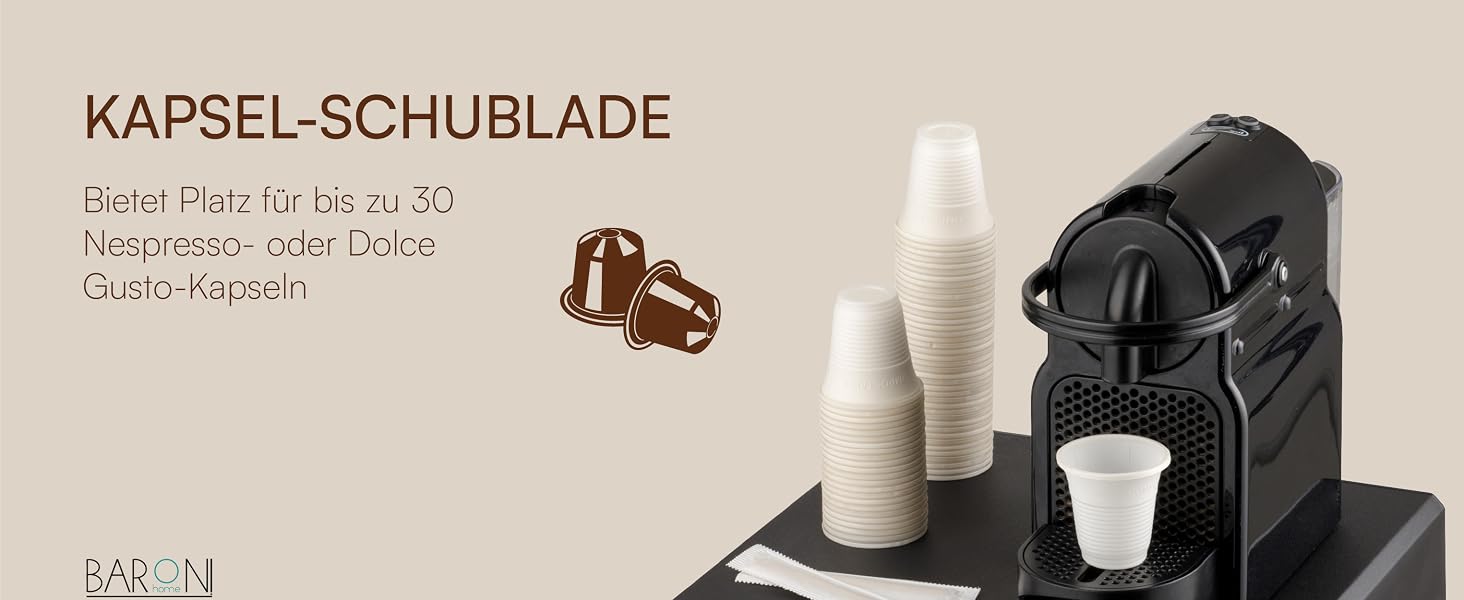 Органайзер для кавових капсул Baroni Home, універсальна шухляда для Nespresso та Dolce Gusto на 30 капсул, відсік для чаю та аксесуарів, компактний пластиковий підстаканник, 34x13x34 см, чорний