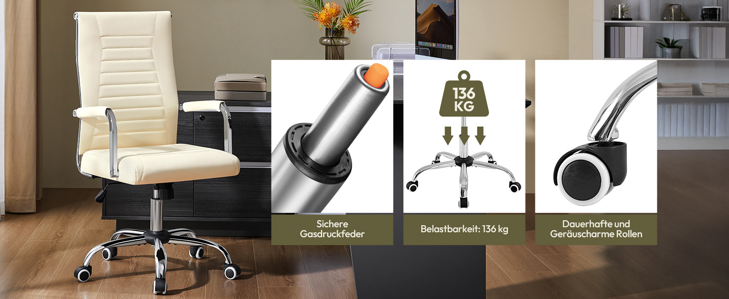 Офісний крісло Yaheetech з ергономічною спинкою та підлокітниками, для офісу та дому, до 136 кг, білий (бежевий)