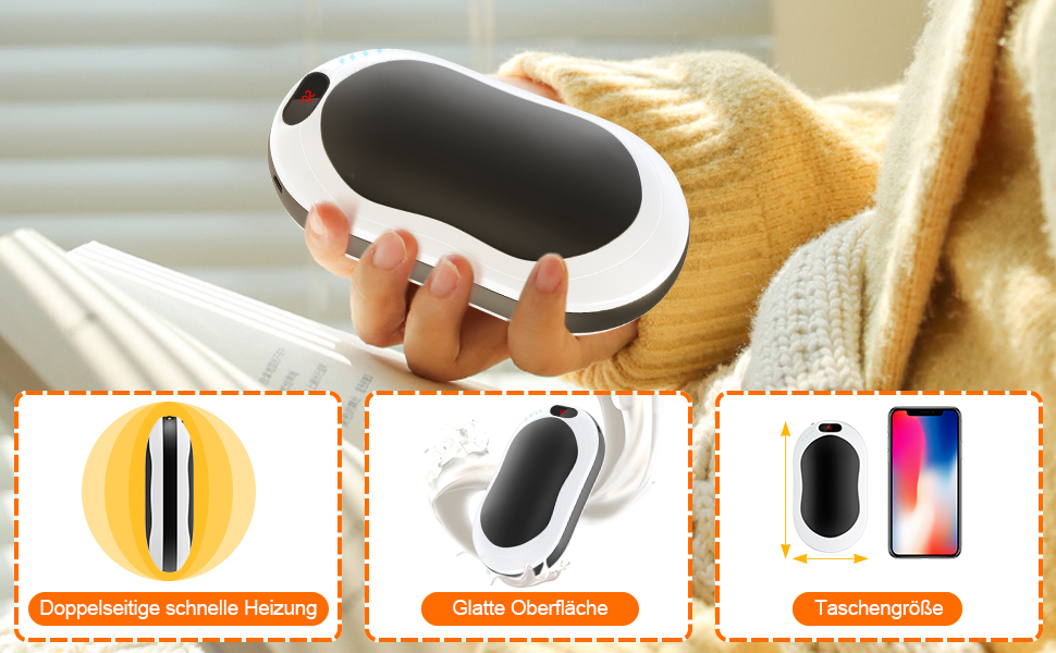 Електричний грілка для рук USB з акумулятором 10000mAh, 3 режими температури, для жінок та чоловіків, Outdoor, чорний