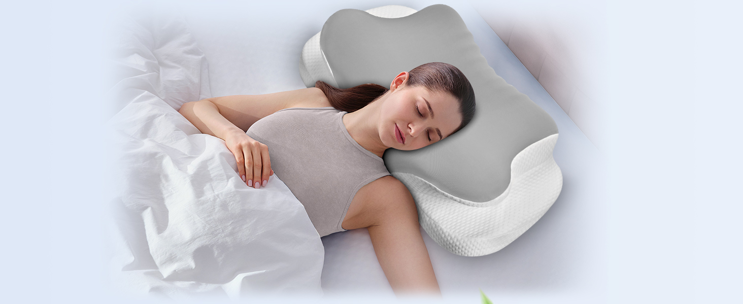 Подушка для шиї з піною Memory Foam, дихаюча, ергономічна, 65x37x10/12 см (срібна)