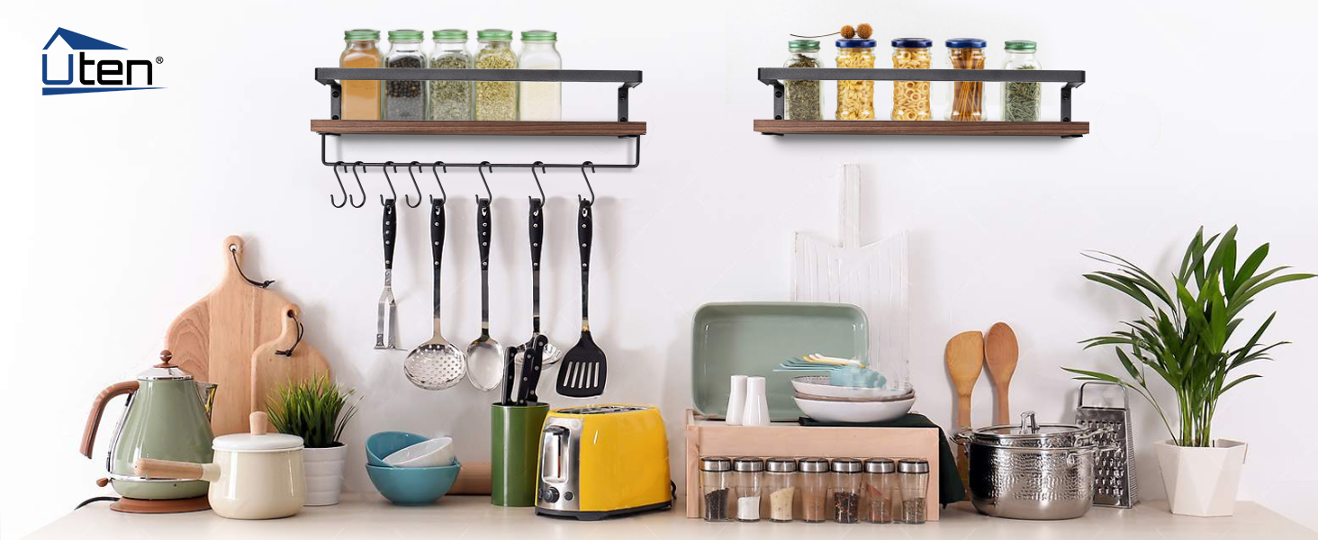 Набір навісних дерев'яних полиць Uten у рустикальному стилі з тримачем для рушників, 2 шт., світло-коричневий (ретро-кава) для ванної, кухні, вітальні та спальні