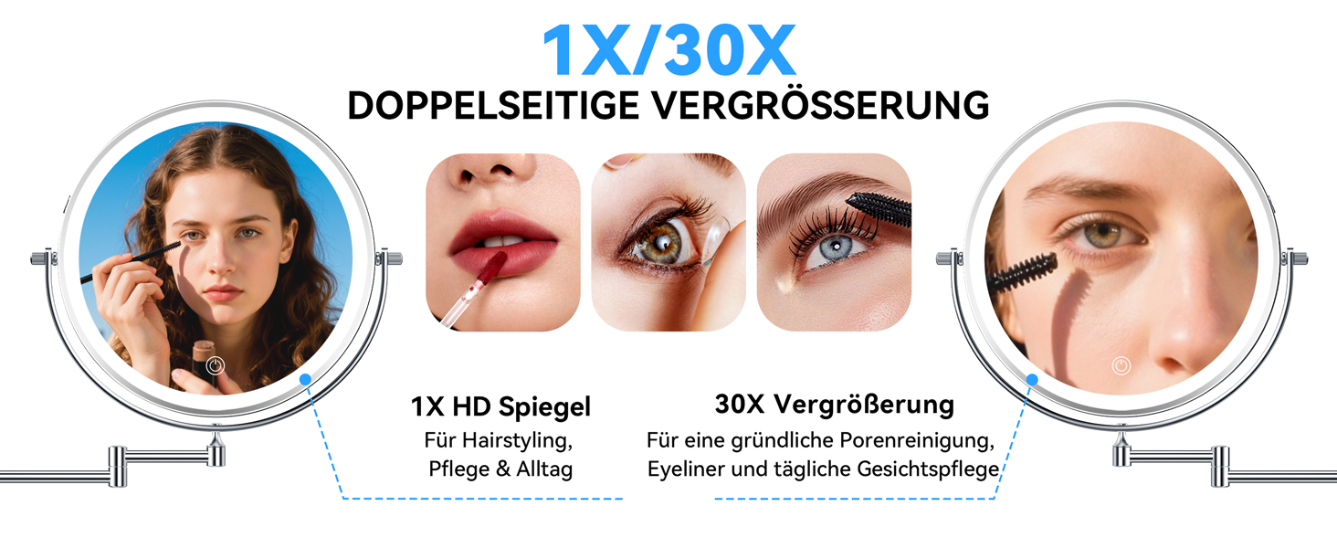 Дзеркало для макіяжу Auxmir з підсвічуванням, перезаряджуване, 3200mAh, для гоління, настінне, з регулюванням яскравості, 3 кольори світла, 360° обертання, для ванної кімнати (срібний, 30X, 10 дюймів)