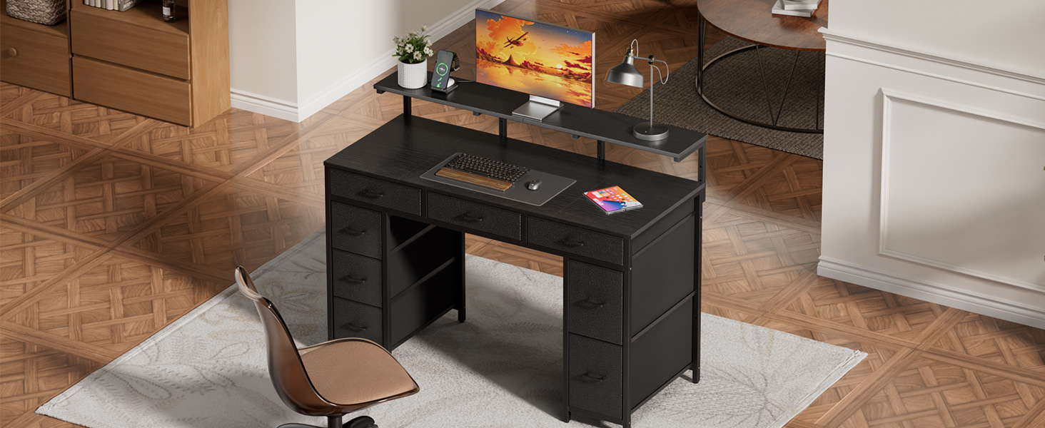 Комп'ютерний стіл з 8 висувними ящиками, 2 розетками, 2 USB-портами, LED-підсвічуванням та підставкою для монітора, 120 x 50 x 74 см (Чорний)