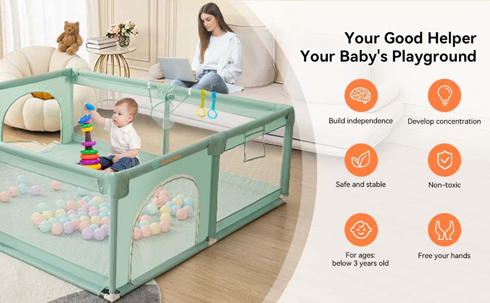 Манеж для дітей COMOMY 180x200x66 см, великий ігровий простір XXL, захисна огорожа з м'якою сіткою, нековзке дно з оксфорду, м'ячі, міні-кошик і 4 кільця, зелений