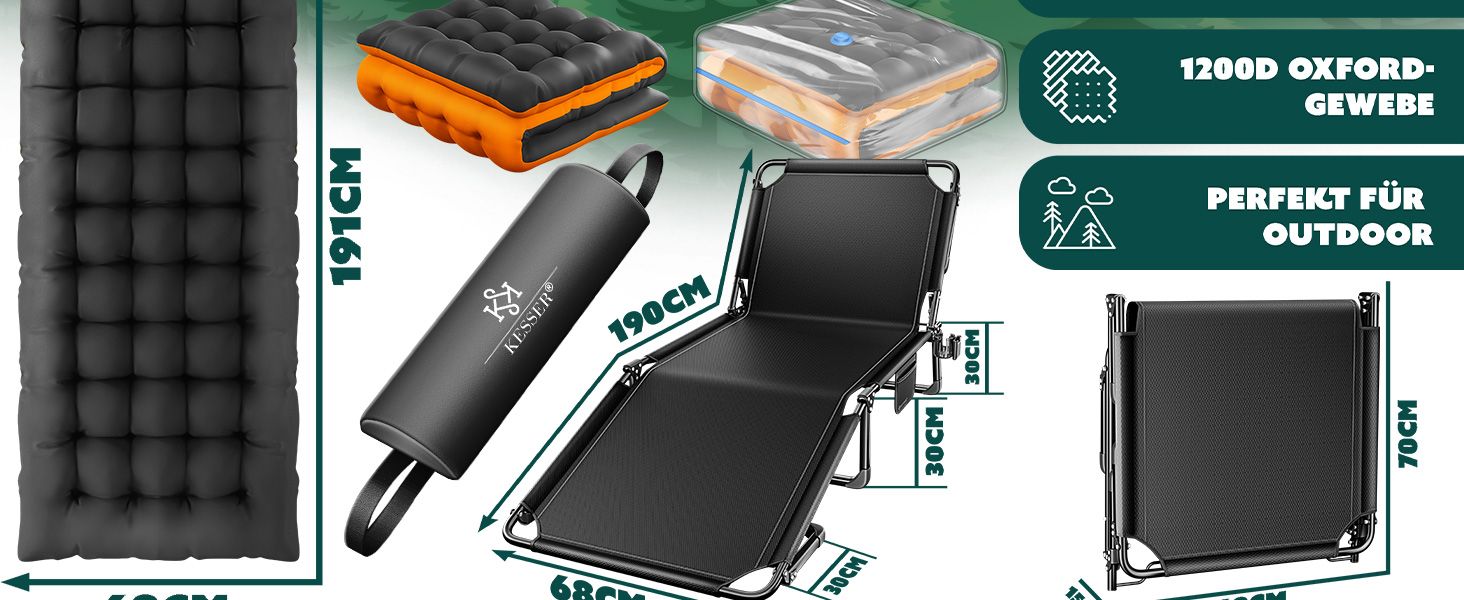 Розкладне кемпінгове ліжко KESSER з преміум-матрацом 190x68x30 см, польове ліжко до 250 кг з подушкою, кишенею та підстаканником, для відпочинку на природі та дому, колір Зелений/Тауп