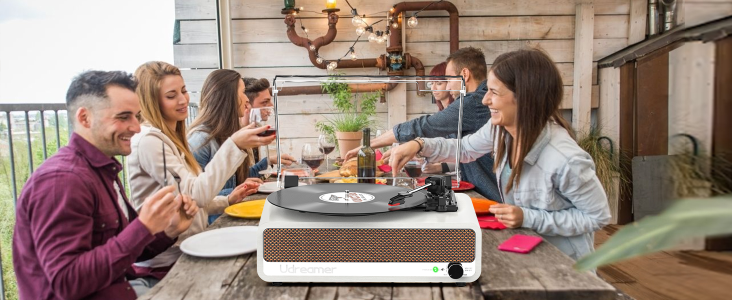 Вініловий програвач Udreamer з Bluetooth, динаміками, USB, AUX, RCA, 3 швидкості, ремінний привід, дзеркальний дизайн, білий