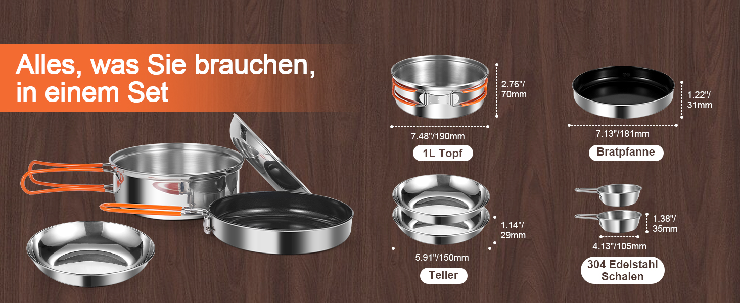 Набір посуду для кемпінгу Odoland: каструля, сковорода, тарілки, миски, виделки, ножі, ложки (10/15 шт.) з нержавіючої сталі з антипригарним покриттям та чохлом