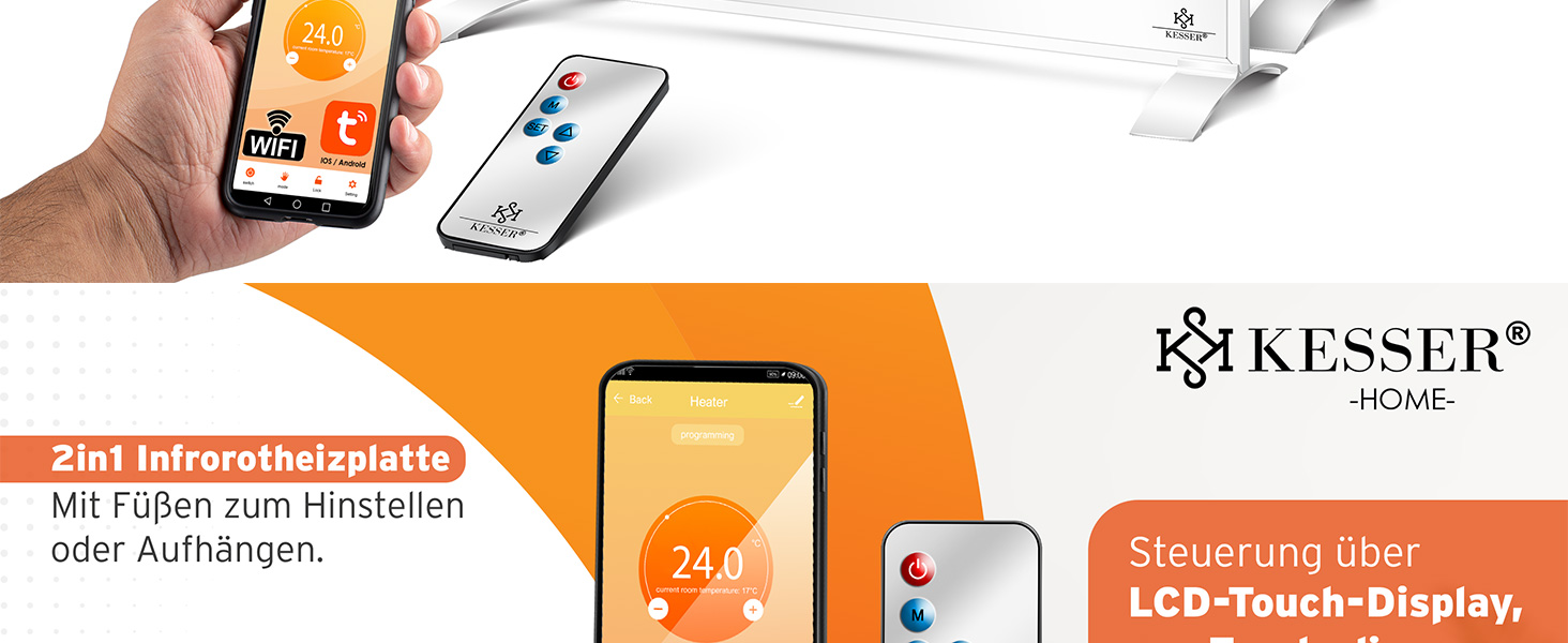 Інфрачервовий обігрівач KESSER® 350W: підлоговий/стінний, з пультом, термостатом та керуванням через додаток. Економія енергії, білий.