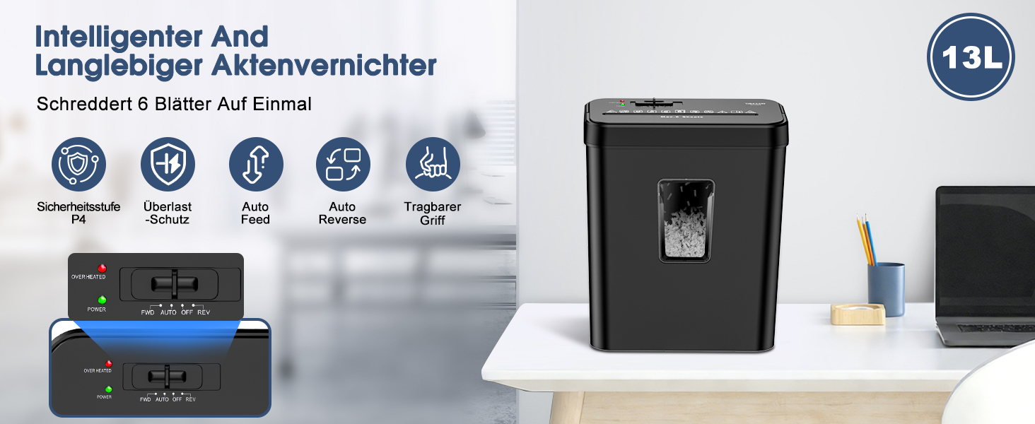 Шредер для паперу Aktenvernichter Kreuzschnitt P-4, 6 листів, 13л з вікном, чорний