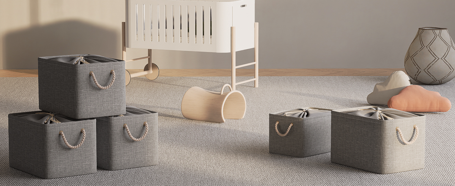 OUTBROS Коробки для зберігання (3 шт.) сірі, 33 x 23 x 20 см, тканинні, з шнурком та ручкою, складні