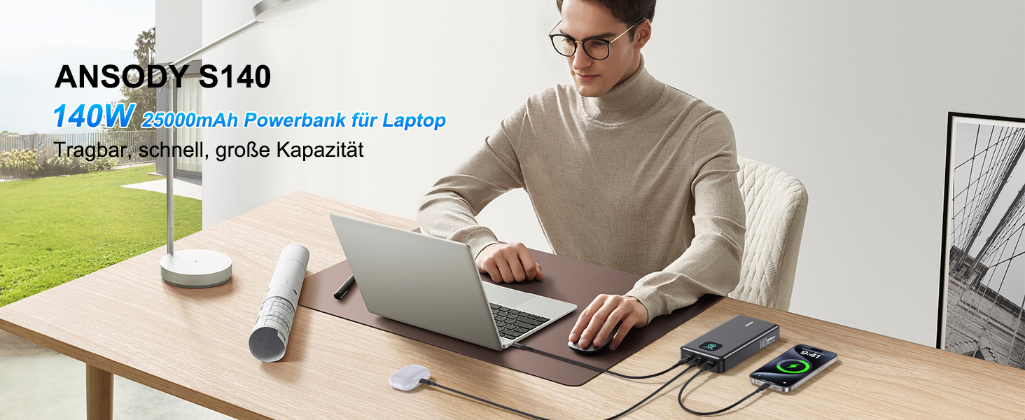 Power Bank 140W, 25000mAh з дисплеєм для ноутбука, MacBook, iPad, iPhone, Switch. Швидка зарядка PD3.1 (Сірий)