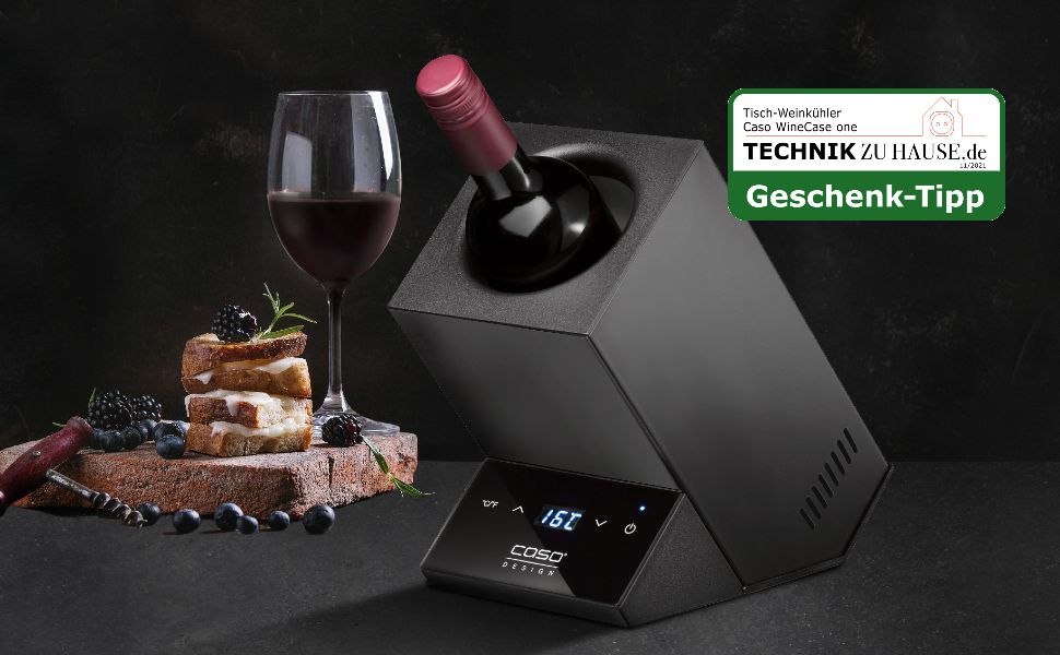CASO WineCase One Black - Витримання вина: міні-холодильник для однієї пляшки, 5-18°C, діаметр до 9 см, сенсорне керування, чорне сталеве покриття