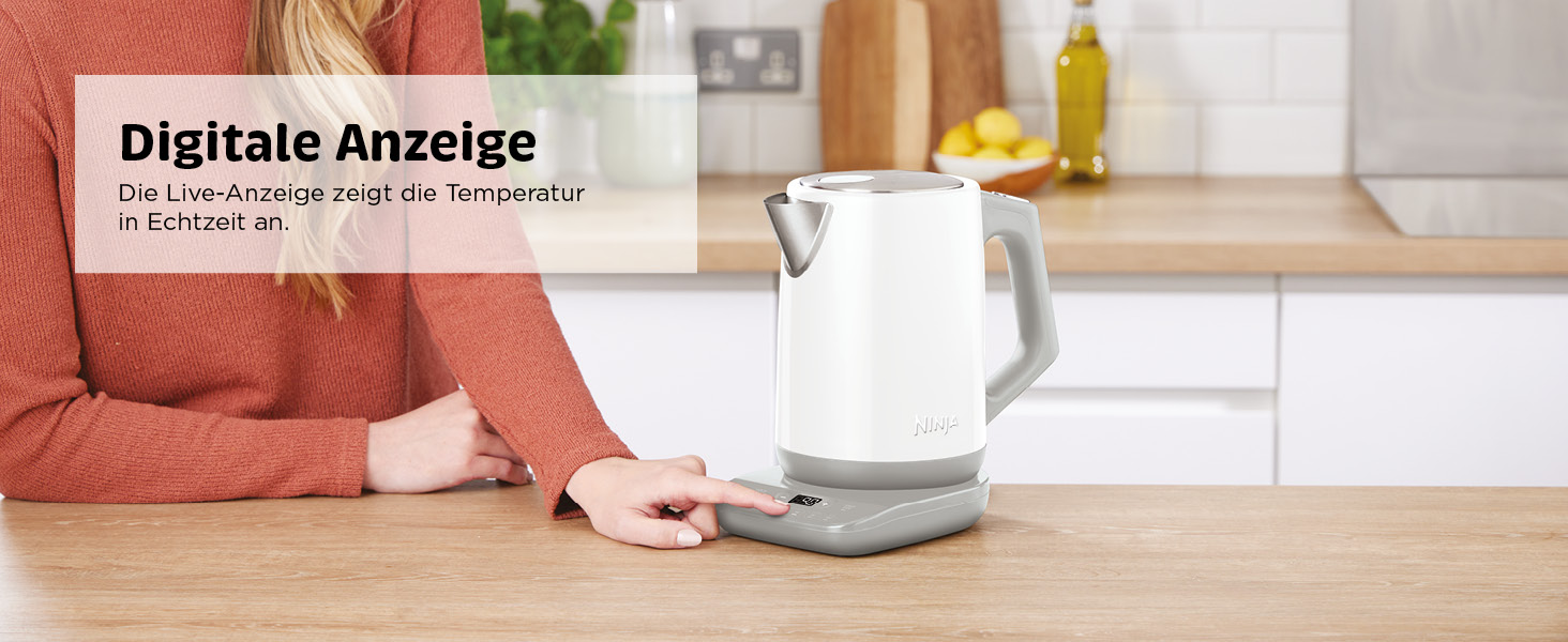 Електричний чайник Ninja Perfect Temperature, 1.7L, LED-дисплей, швидке кип'ятіння, регулювання температури, білий KT200EUWH