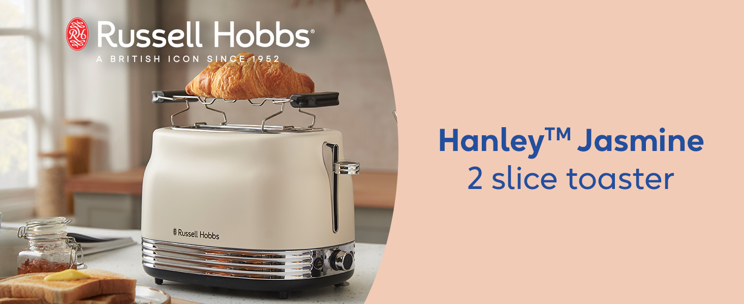Тостер Russell Hobbs Hanley Crème-Weiß на 2 тости, 6 режимів, розморожування, підігрів, підставка для булочок