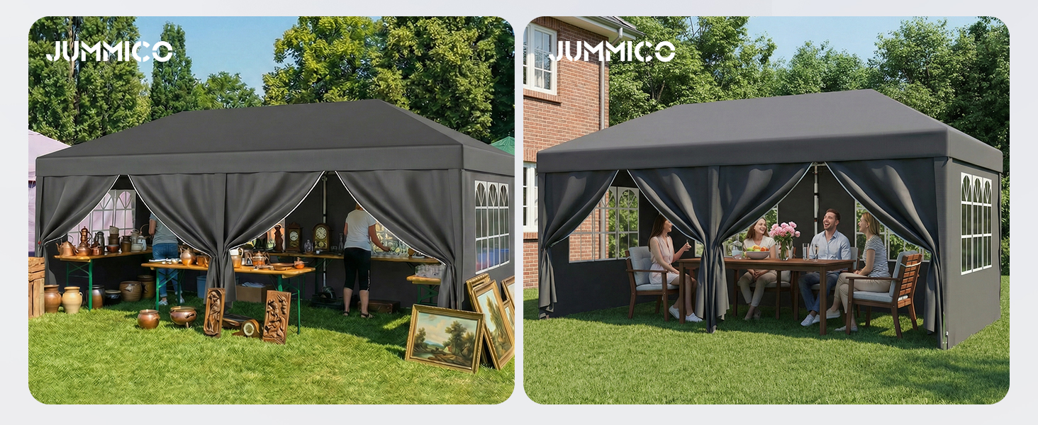 Павільйон садовий JUMMICO 3x6 м, водонепроникний, з бічними стінками, захист від сонця UV 50+, регульована висота, зимовий, для кемпінгу та відпочинку (Сірий)