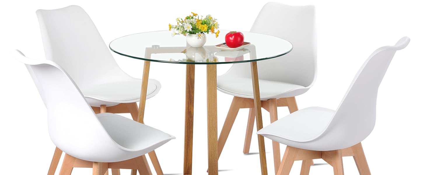 Обідній стіл HJ WeDo з 2 стільцями, круглий скляний стіл у скандинавському стилі, білий, для балкону, вітальні та їдальні