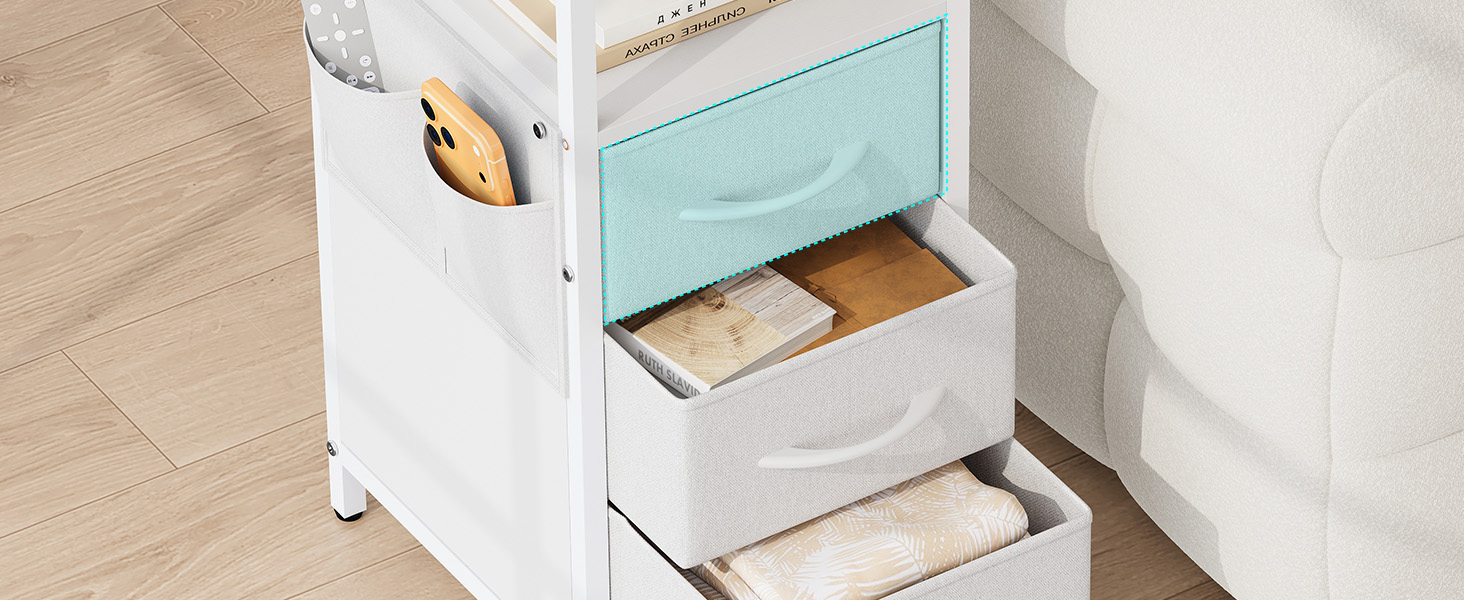 Нічний столик з підзарядкою та LED-підсвіткою, білий, 25x30x60 см, з 3 висувними ящиками, полицею та USB/Type-C портами