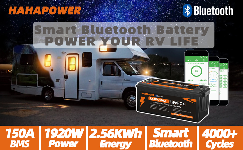 Акумулятор Hahapower 12.8V 200Ah LiFePO4 з Bluetooth, Smart BMS, 15000 циклів, 150 А, для автофургонів і сонячної системи