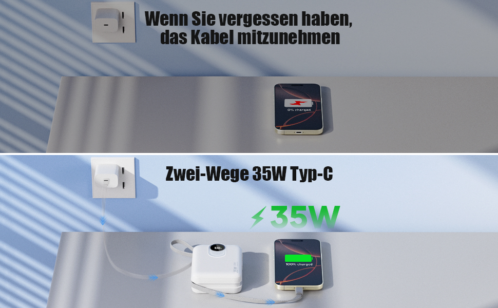 З кабелем швидка зарядка 35 Вт, USB C, 4 виходи, 2 входи, білий, 20000mAh