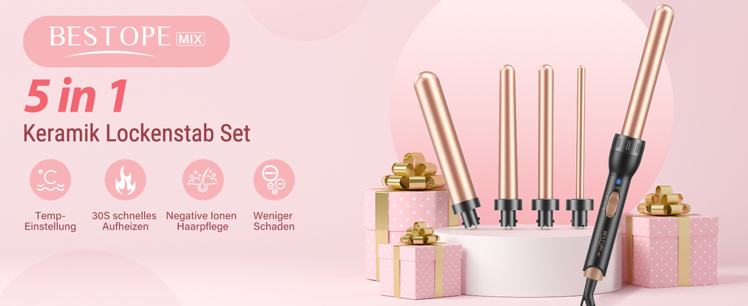 Набір для завивки та випрямлення волосся BESTOPE MIX 5-в-1 з 5 насадками, 10-32 мм, швидкий нагрів, регульована температура (золотий)