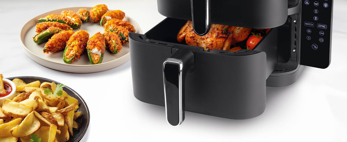 Фритюрниця повітряна Gourmetmaxx FryUp з вертикальною подвійною камерою, 10 літрів (2x5л), сенсорний дисплей