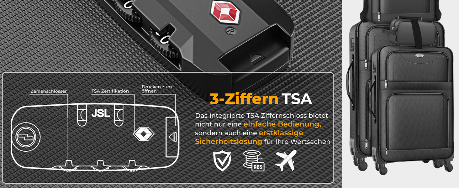 Набір валіз KESSER® 4-в-1: чорний дорожній набір з TSA-замком, 360° колесами та телескопічною ручкою | Чемодан, сумка для косметики, ручна поклажа, велика валіза для подорожей та бізнесу