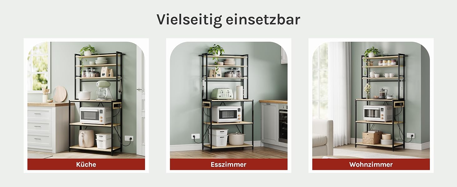 Кухонна полиця WOLTU з 6 ярусами, з розетками, для мікрохвильової печі, з металевим каркасом, регульовані полиці, Чорний+Рустикальний коричневий, 60 x 167 x 40 см