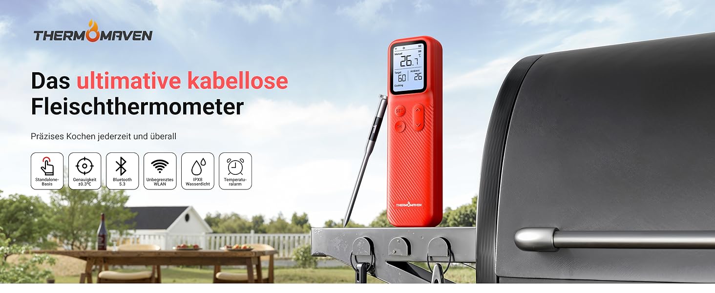 ThermoMaven P2 Розумний термометр для м'яса з Bluetooth 5.3, 6 датчиків, Wi-Fi моніторинг, водонепроникний IPX8, для гриля, духовки, кухні, фритюрниці (1 зонд)