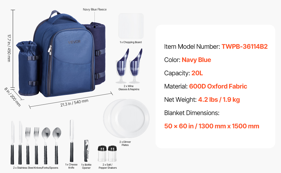 Рюкзак для пікніка VEVOR (20 л) на 2 особи з ізольованим відділенням, тримачем для пляшок/вина, ковдрою та набором посуду для пікніків, походів та кемпінгу, темно-синій