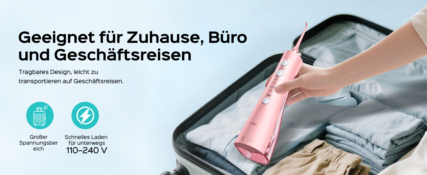 COSLUS Електрична душова насадка бездротова: 20 бар, IPX7, водонепроникна, 4 режими для гігієни порожнини рота, 5 інтенсивностей (Рожева)