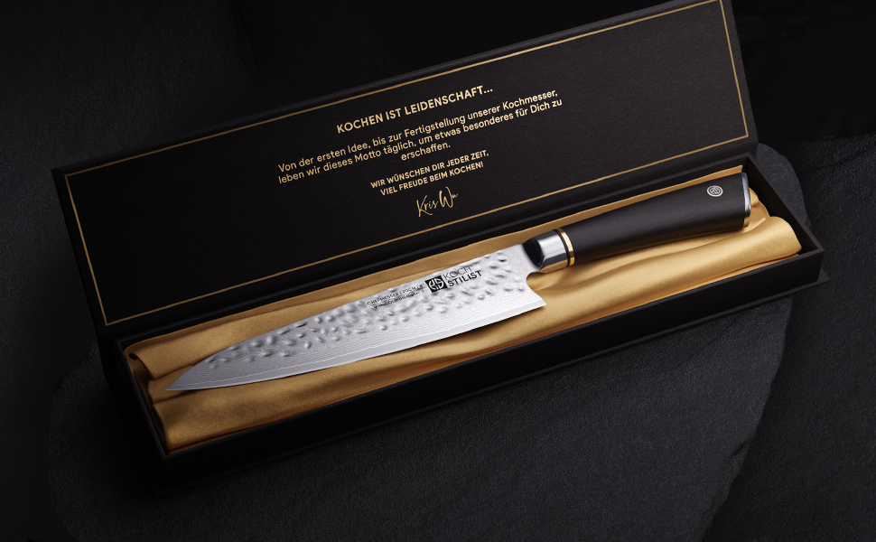 Ніж кухарський Kochstilst® Premium Damast 20 см з подарунковою коробкою. Дамасткова сталь 67 шарів, VG-10, преміум якість, кухонні ножі, з дерев'яною ручкою