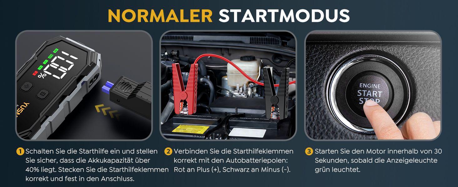 Портативний зарядний пристрій (Powerbank) Starthilfe для автомобілів | 8000A, бустер для акумулятора, LED-ліхтарик, дисплей, кабелі – для SUV, мотоциклів, газонокосарок Black