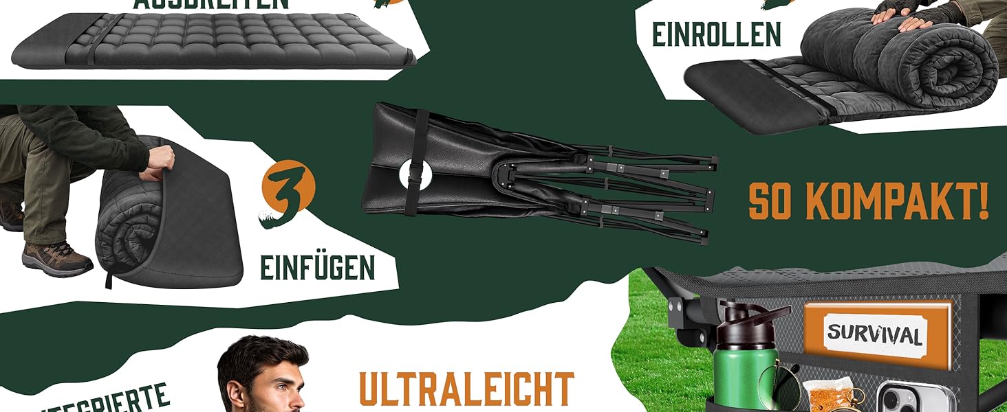 Складане розкладне ліжко ELONEO NEU для кемпінгу та подорожей з преміум-матрацом, витримує до 200 кг, з сумкою для перенесення, антрацит