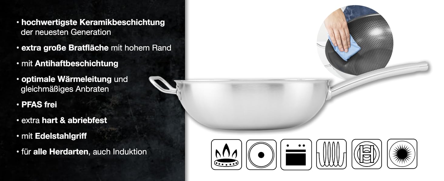 Вафельниця Moritz & Moritz з нержавіючої сталі 30 см з керамічним покриттям нового покоління - підходить для всіх типів плит - антипригарний вок з комірчастою структурою для смаження, тушкування та варіння без кришки