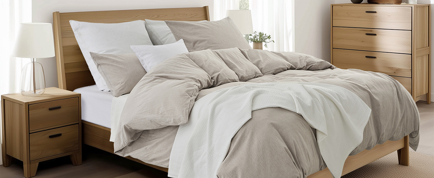 Комплект постільної білизни 200x220 з бавовни, бежевий, суперм'який, 100% бавовна, випрана, з льоноподібною текстурою, ÖKO-TEX, комплект 3 шт. (200x220 + 2 x 80x80)