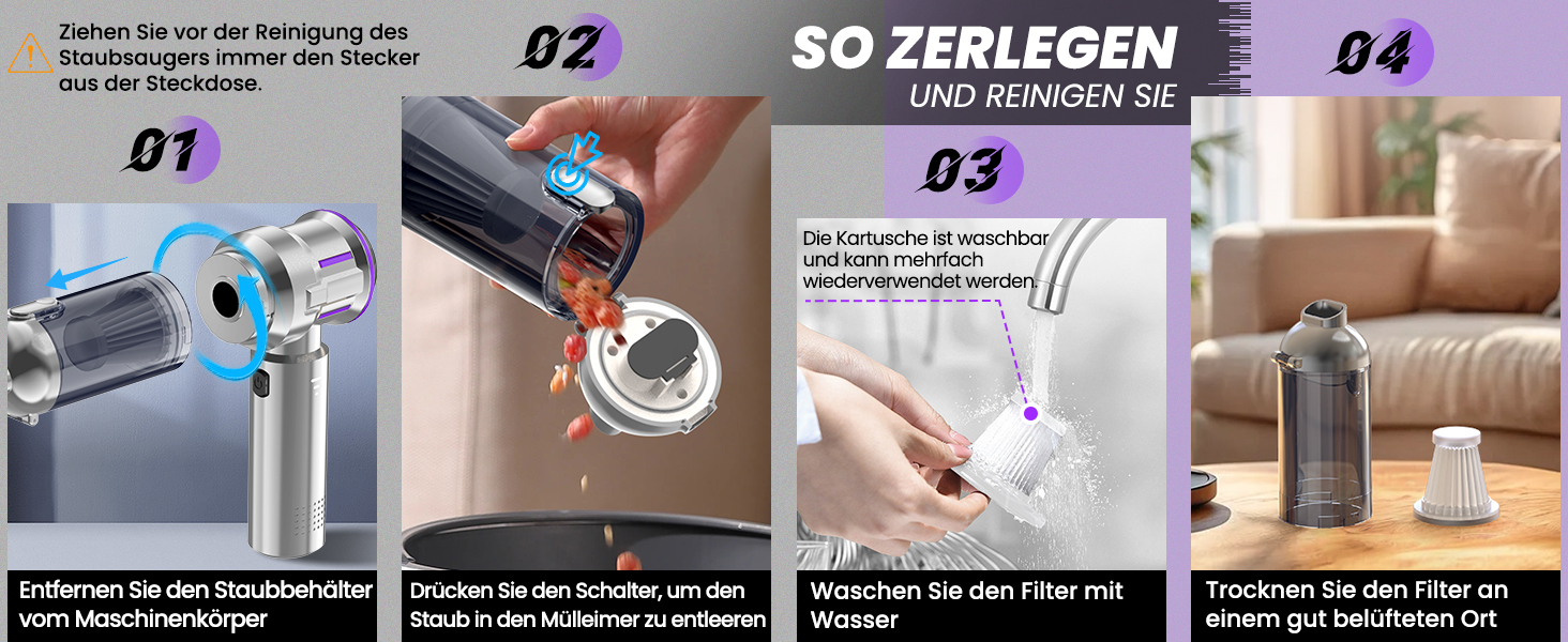 Акумуляторний ручний пилосмок 25000Па з безщітковим двигуном, 4-в-1, самоочищення, 3 режими потужності, для авто, дому та шерсті тварин, сріблясто-фіолетовий